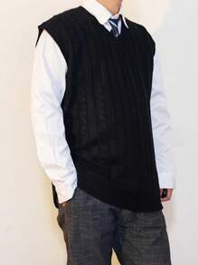 Plus Size Men's Solid Color V-Neck Casual Knit Sweater Vest, Suitable For Spring, Autumn And Winter