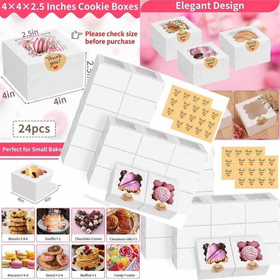 FL WINKIO 24pcs White Cookie Boxes 4x4x2.5 Inches Bakery Boxes With Window For Mini Cake Treat Dessert Pastry Donuts Macaroon Strawberries Chocolate Candy With Stickers FL