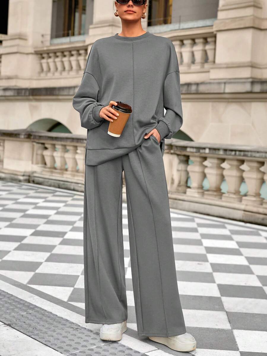 Women Fall 2 Piece Sweatsuit Set  Drawstring Wide Leg Jogger Sweatpants Loose Matching Lounge Sets Sport Airport Tracksuit Outfits - Gray - View 1