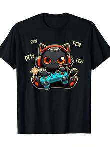 Camiseta de cuello redondo, adecuada tanto para hombres como para mujeres.Diseños adorables de gatos jugadores y gatos de anime, camisetas divertidas para entusiastas casuales de los deportes electrónicos, un regalo para tu novio. - Negro - Ver 1