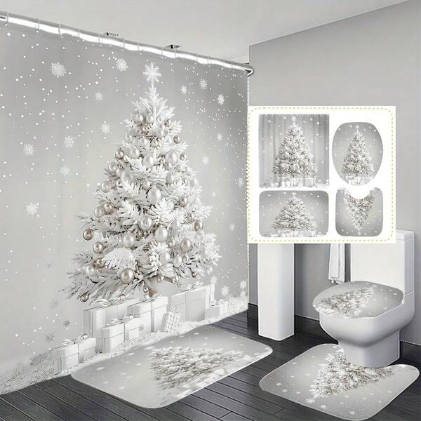 1/4 Stücke Weihnachts-Duschvorhang Set: Digital bedruckter Schneemann, Tier- & Waldmotiv, wasserdichter Polyesterstoff, 70.87 X 70.87 Inches, inklusive Badematte und Toilette-Sitzabdeckung, 12 Kunststoffhaken, kabellos