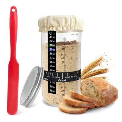 Sourdough Starter Kit For Beginners & Bakers - 24oz Glass Jar With Date Tracker Band, Thermometer & Silicone Spatula | 5-In-1 Baking Set With Dual Cover System (Lid + Cloth) | Artisan Bread Making Supplies For Homemade Sourdough