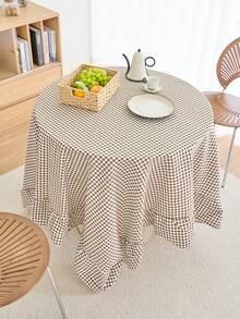 1pc Vintage Checkered Round Tablecloth, Ruffled Edge Decor For Kitchen, Living Room, Valentine's Day Table Decoration