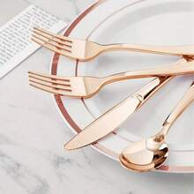 5/10 piezas Juego de vajilla en color oro rosa, Cubertería de acero inoxidable dorado, Cuchillo, Tenedor y Cuchara de color dorado, Adecuado para fiestas, bodas, cumpleaños y eventos al aire libre