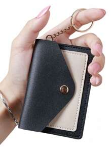 Pieru 3-Color Metal Button Card Holder | Multi-Card Layered Storage, Key Ring Design | Gold Keyring | Mini Wallet Purse, Black/Blue/Pink Pastel Colors | Portable Card Pouch