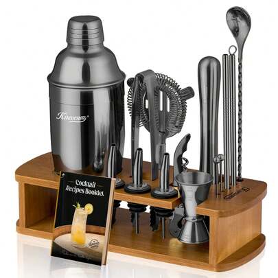 Cocktail Shaker Set Bartender Kit With Stand - Drink Mixer Bar Set With All Essential Bar Accessory Tools - Martini Shaker Jigger Strainer Mixer Spoon Muddler Liquor Pourers