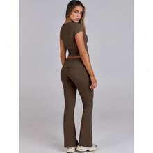Lounge Sets For Women 2 Piece Foldover Yoga Flare Leggings Pants Crop Tops Casual Y2K Outfits Matching Tracksuit Set/Vacation Outfits Women - 深咖啡 - 查看 3