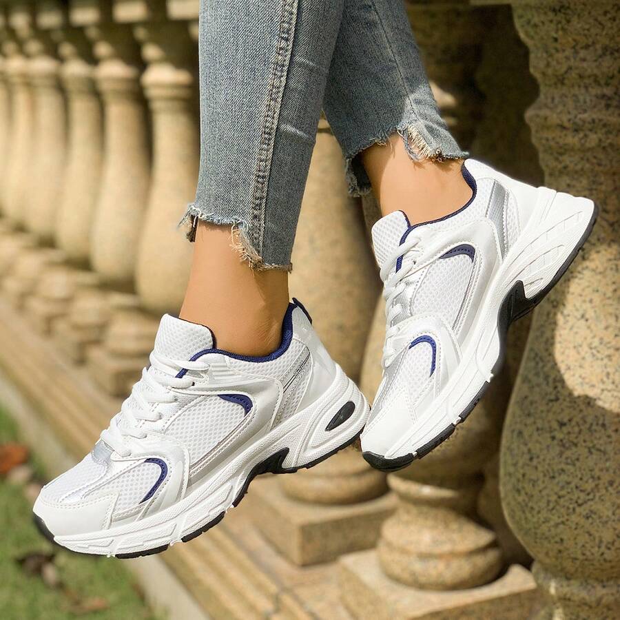 Women's Mesh Lace-Up Sneakers With Thick Sole And Cushioning, Suitable For Daily Running, Fitness And Commuting, Comfortable And Lightweight, Suitable For Various Occasions, And Practical For Basic Wear - 藍色 - 查看 1