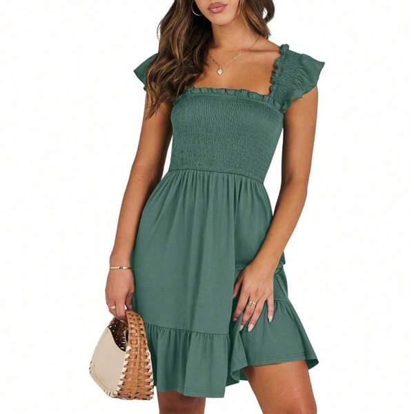ANRABESS Women's Summer Casual Sleeveless Square Neck Dress 2025 Smocked Ruffle Backless Boho Beach Cute Teen Short Sundress