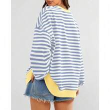 Womens Oversized Striped Sweatshirt Crewneck Long Sleeve Pullover Top Casual Y2K Spring Clothes 2026 Workout Shirt,Vacation Outfits Women,Valentine Outfits For Women,Street Photography - Xanh be trắng - Xem 2