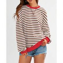 Womens Oversized Striped Sweatshirt Crewneck Long Sleeve Pullover Top Casual Y2K Spring Clothes 2026 Workout Shirt,Vacation Outfits Women,Valentine Outfits For Women,Street Photography - 棕色白色 - 查看 4