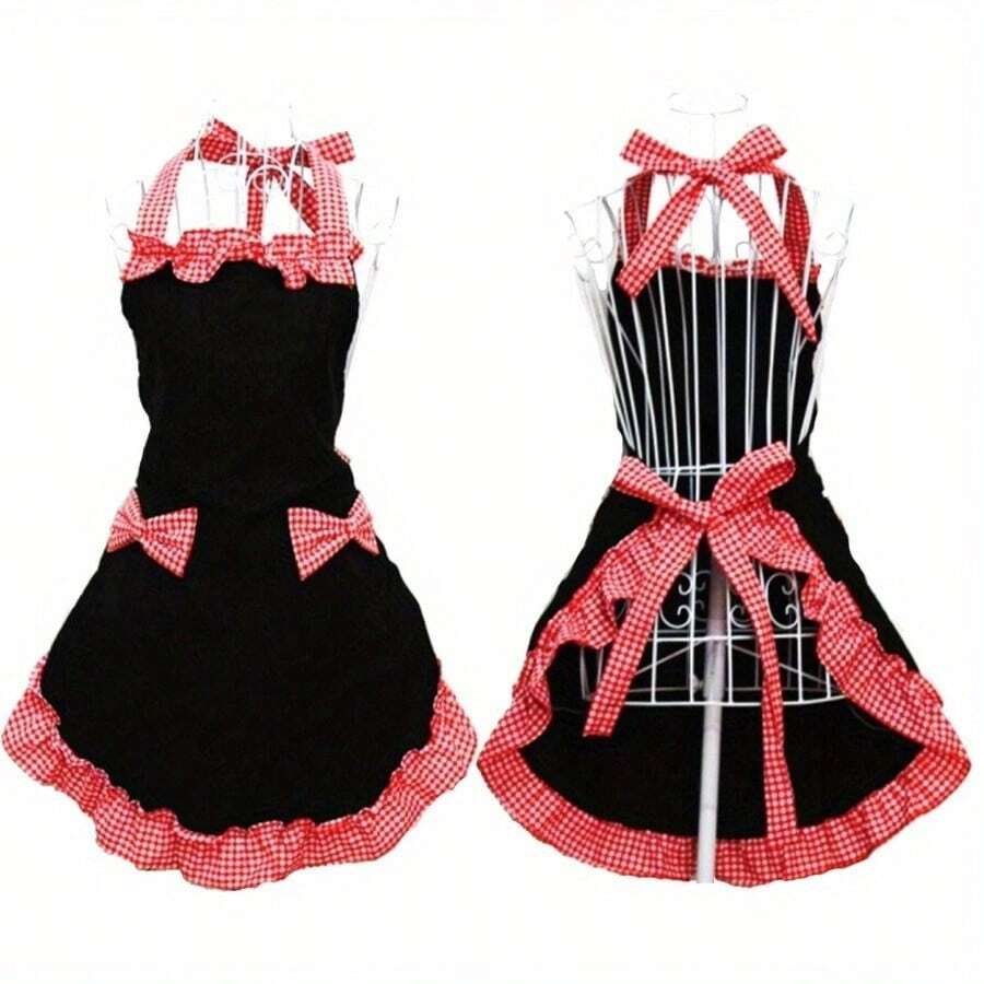 Vintage-Style Adjustable Apron With Red & White Checkered Bow Pocket, Durable Polyester, Perfect For Cooking, Baking & Easter Kitchen Wear, Baking Attire | Vintage Apron | Durable Apron - Đen Đỏ - Xem 1