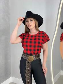 Women's Plaid Blouse T-Shirt Blouse For The June Festival Of São João Country - Đỏ - Xem 3
