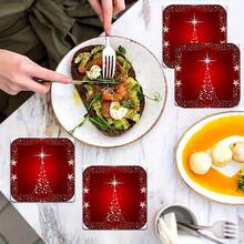 4/8pcs Christmas Square & Round Acrylic Coasters, Red Christmas Tree & Star Design, Non-Slip Heat-Resistant Drink Coasters For Home Decor, Holiday Gifts - Multicolor - View 3