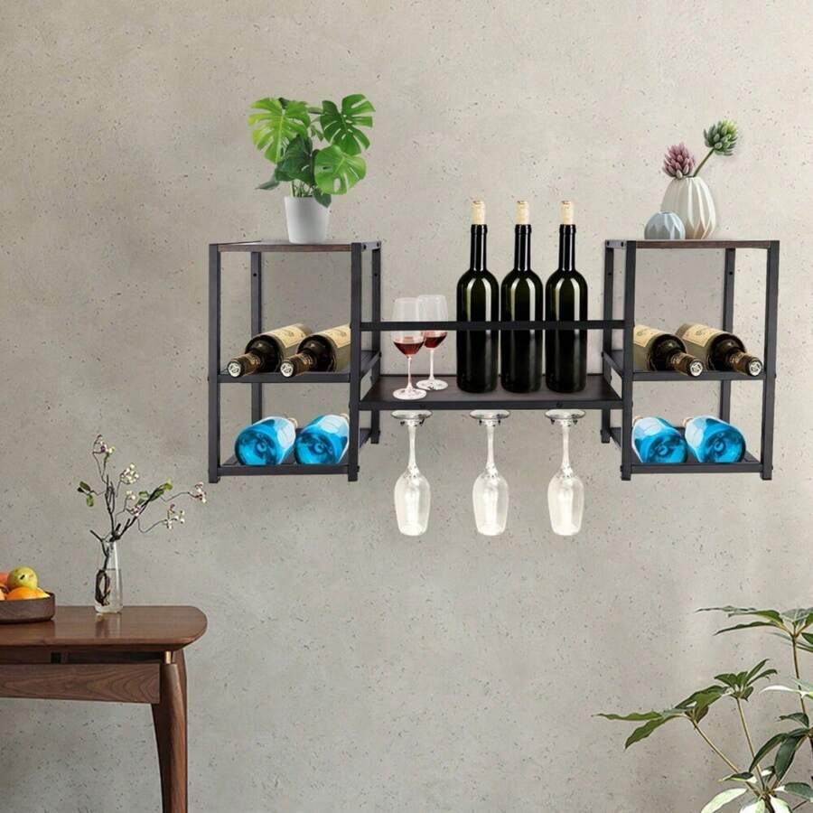 YUNRUX Wall-Mounted Wine Rack For Display, Industrial Shelf For Wine Bottles And Glasses - 棕色 - 查看 1