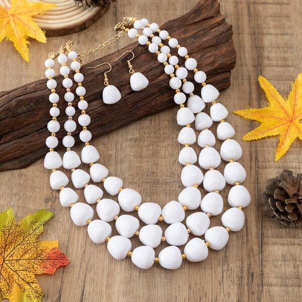 3 Piecesbohemian Style Handmade Multi-Layer Beaded Women's Necklace Set, Suitable For Parties, Weddings, Vacations, Beaches, Gifts, Versatile, Exquisite, Lightweight, Comfortable And Smooth. Necklace, Earrings, Jewelry Combination, Necklace Earring Combination, Luxury Fashion Multi-Layer Beaded Necklace Earrings Jewelry.