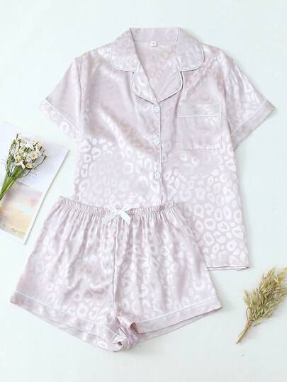 2pcs Plus Size Women Satin Leopard Print Short Sleeve Collared Top And Bow Shorts Pajama Set, Summer Loungewear