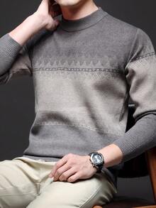男士厚圆领毛衣，商务休闲提花针织长袖套头衫，适合分层穿着或外套，秋冬 - 淺灰色 - 查看 10
