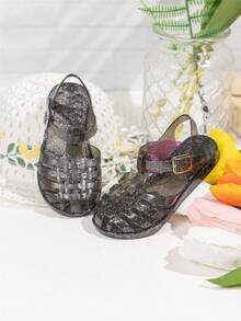 Fashionable Shiny Crystal Jelly Shoes, Black Jelly Shoes For Girls, Summer Water Shoes, Beach Sandals, Flat Shoes