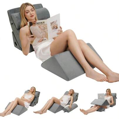 4PCS Orthopedic Wedge Pillow Set For Sleeping Adjustable Bed Support For Back Knee Leg Lumbar Pain Relief Acid Reflux AntiSnoring GERD Grey