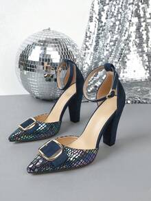 Pointed Toe Fashion Versatile Chunky Heel Hollow Out Pumps - Blue - View 2