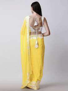 Women's Georgette Embroidery Border Work Designer Saree With Blouse Piece(Yellow) - Yellow - View 7