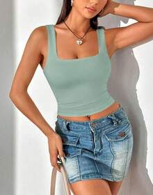 Women's Square Neckline Straight Suplex Tank Top - Verde Oliva - Ver 3