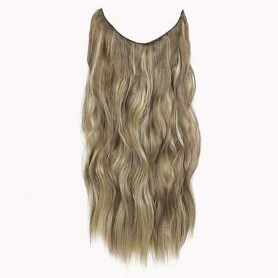 隐形钢丝接发，浅灰棕色带挑染，自然波浪卷发片，女士合成接发，夹式接发片