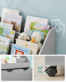 SONGMICS Kids Bookshelf And Toy Organiser, Toy Storage Chest And Bookcase With 3 Shelves, Storage Box With Wheels, Multipurpose, For Children's Room And Playroom, Grey