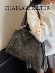 CHAIKA & KILTER 1pc Solid Color PU Fabric Shoulder Bag, Women's Vintage Casual Large Capacity Tote Bag, College Student Book Bag, Stitching Rivet Decor Dual Handle Design, Zipper Closure, Suitable For Daily Shopping, New Arrival Tote Bags For Woman , Office Bag