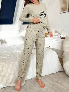 Mirano Slogan Print Short Sleeve Top & Cherry Pattern Long Pants Pajama Set - Grey - View 3