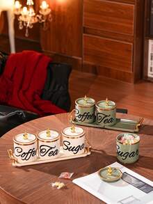 1 Set Plastic Multi-Function Storage Jars Sealed Canisters Tray Set For Grains, Candies, Cookies, Bread, Suitable For Outdoor, Wedding, Party, Gift, Birthday, Used To Store Sugar, Coffee, Tea, Decorated With Tea, Coffee, Sugar Labels