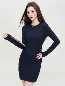 优雅修身迷你紧身连衣裙，百搭时尚，适合春秋季节 - 043寶藍色 - 查看 6