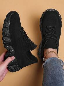 ​2025 Platform Sneakers  Women's High Top Knit Athletic Shoes With Chunky Wave Sole - Spring Summer Chunky Mesh Fitness Fashion - 黑色 - 查看 1