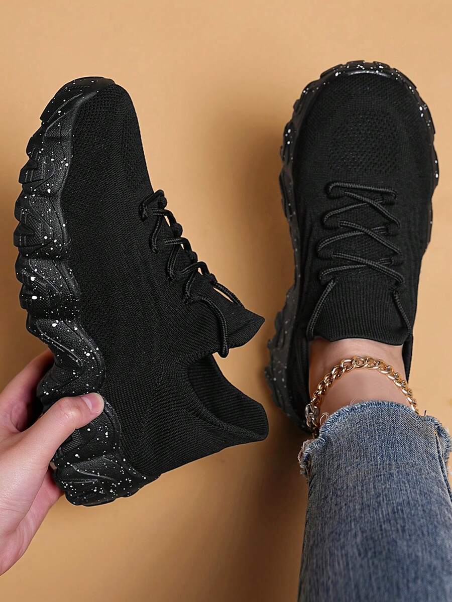 2025 Platform Sneakers Women's High Top Knit Athletic Shoes With Chunky Wave Sole - Spring Summer Chunky Mesh Fitness Fashion - 黑色 - 查看 1
