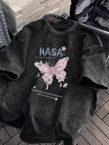 2026Y2K Pink Butterfly Print Short Sleeve T-Shirt For Women Summer New Washed Vintage Fashion Versatile Loose Round Neck Black Design Top Loose And Comfortable, Casual And Easy-Going, White Tops, Valentine's Day Outfit, Mardi Gras, Summer Tops,   For Women, Valentine Outfits For Women - màu đen - Xem 1