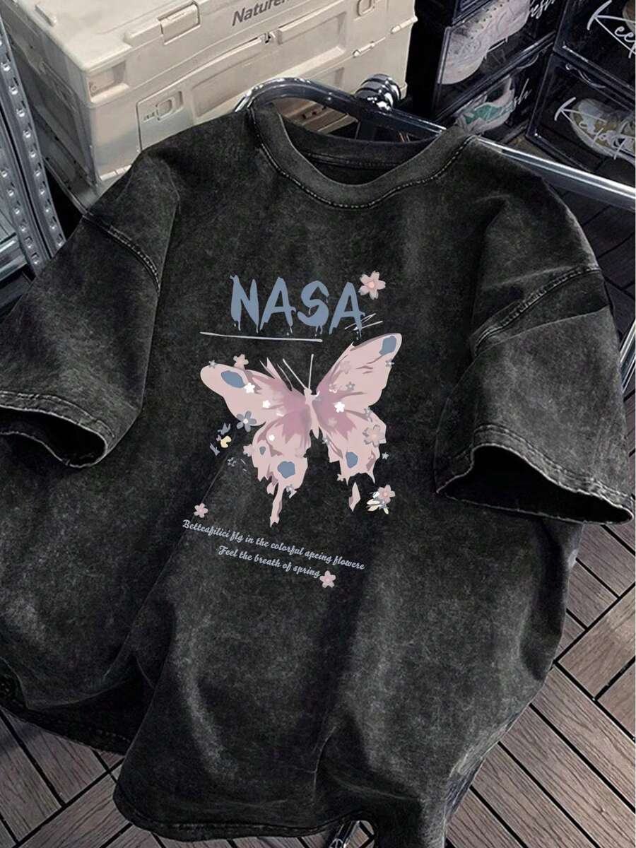 2026Y2K Pink Butterfly Print Short Sleeve T-Shirt For Women Summer New Washed Vintage Fashion Versatile Loose Round Neck Black Design Top Loose And Comfortable, Casual And Easy-Going, White Tops, Valentine's Day Outfit, Mardi Gras, Summer Tops, For Women, Valentine Outfits For Women - màu đen - Xem 1