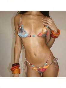 2025 Summer New Women's Fashion Retro Bohemian Style Printed Sexy Mesh Lace-Up Bikini Three-Piece Set - 彩色 - 查看 8