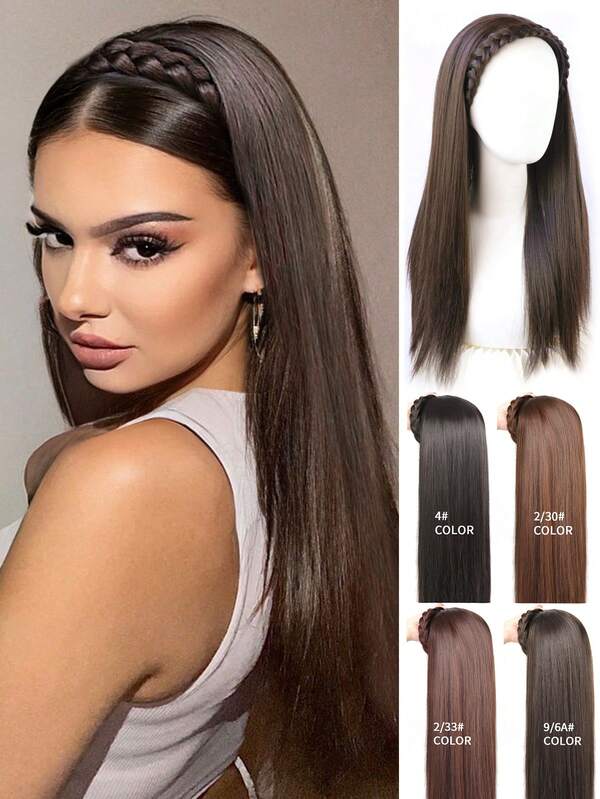 Perucas sintéticas longas e retas com faixa de cabeça de 20" meia peruca para mulheres extensões de cabelo natural preto marrom perucas resistentes ao calor