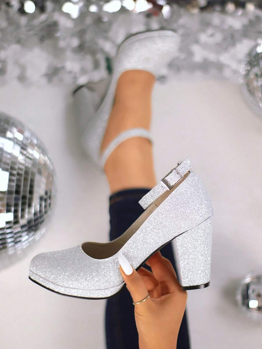 Zapatos tipo Mary Jane para mujer, con brillo, punta redonda, correa ajustable, tacón grueso, estilo retro para fiesta y evento - Plateado - Ver 1