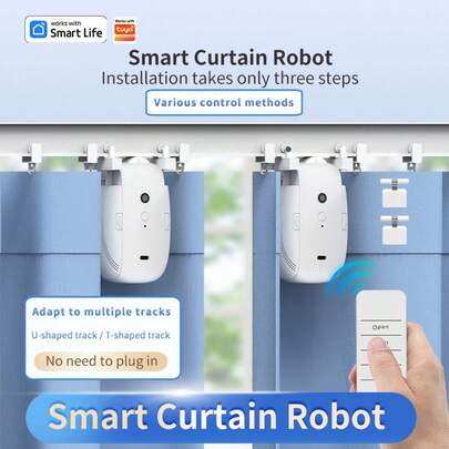 Tuya Smart Curtain Robot WiFi-Controlled, 2pcs Automated Drapery Motor, Non-Waterproof App-Controlled Curtain Track System With USB Charging, Compatible With Tuya, Smart Life, Alexa & Assistant, Supports 26.46LB, Max Travel 787.4inch, Speed 10s/M, Type-C Charging Port, & TU Pole Adapters Included