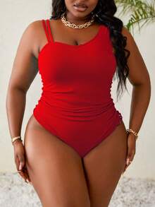 Slaydiva Đồ bơi một mảnh cổ bất đối xứng cỡ lớn cho nữ, mặc thường ngày giúp thon gọn - Đỏ - Xem 1