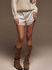 Women Lounge Shorts, Elastic Waist Lace Patchwork Loose Pajamas Shorts Sleepwear - 白色 - 查看 2