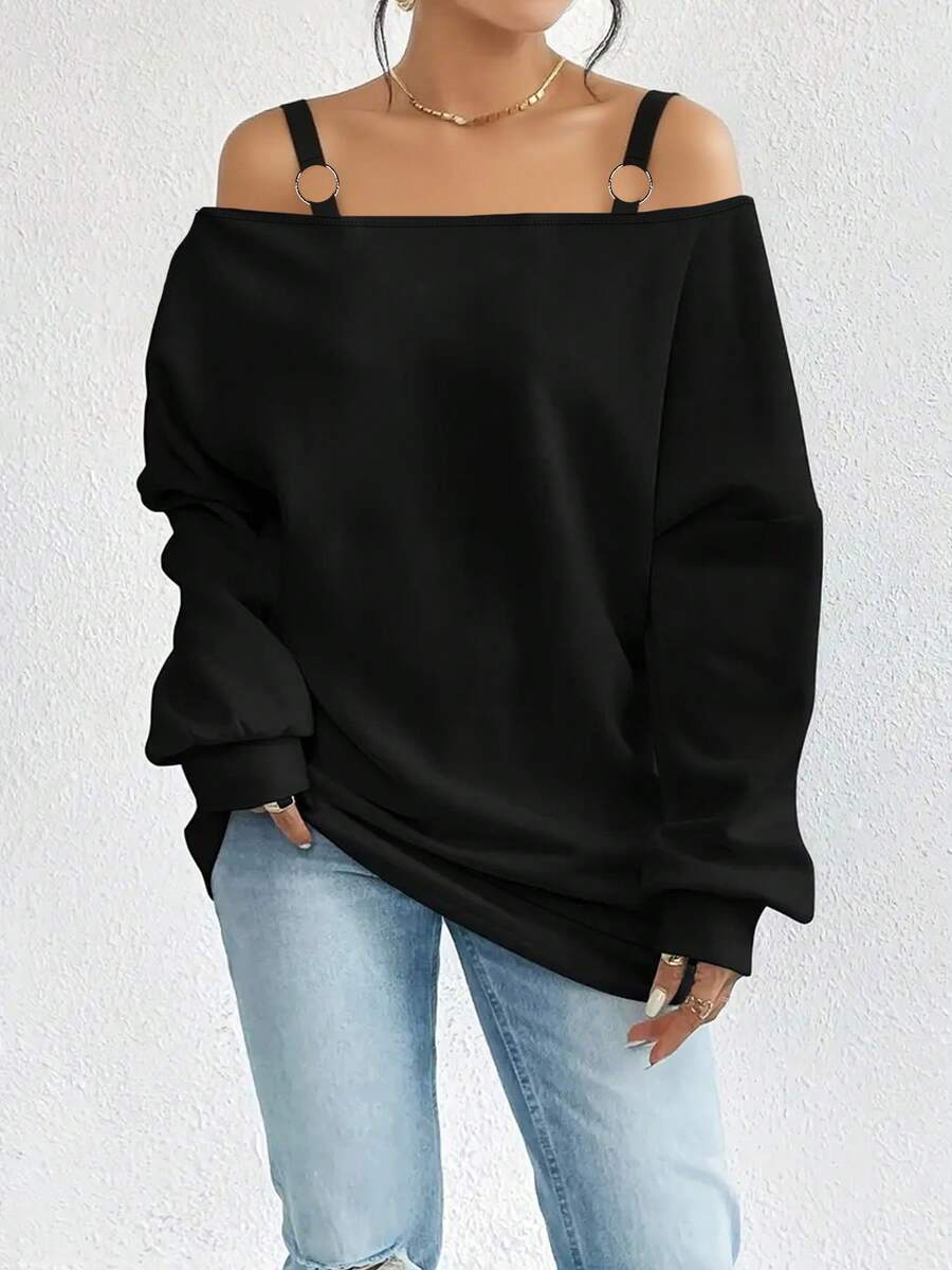 Fashionable Minimalist Solid Color Off Shoulder Long Sleeve Sweatshirt, Spring/Autumn - Black - View 1
