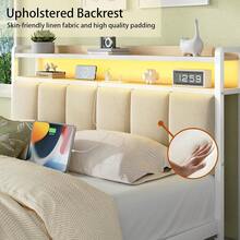 LED Bed Frame With Storage Headboard, Upholstered Bed Frame With Charging Station, Metal Platform Bed Frame With Heavy Duty Metal Slats, No Box Spring Needed, Easy Assembly, Black/ White/ Beige - Xem 4