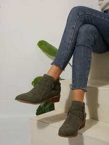 Botas de tobillo nuevas para mujer de otoño/invierno, botas de tobillo con tacón grueso de moda, botas medianas de uso exterior, botas de tobillo con hebilla cruzada de cuero patentado y cremallera lateral, botas de tobillo versátiles cómodas y sexys, botas de estilo universitario occidental con hebilla para uso en la oficina - Verde - Ver 2