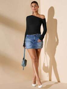 Women's Minimalist Asymmetric Shoulder Long Sleeve Fitted T-Shirt Top, Everyday Wear, Fall/Winter - 黑色 - 查看 3