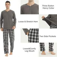 Pajamas For Men Set Long Sleeve Henley Microfleece Shirt Plaid Flannel Pants Comfy Pjs Sleepwear Plush Loungewearhalloween - Navy+Navy - View 11