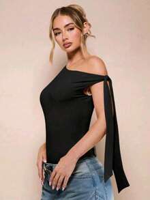 Women's Bodysuit With Tie Bow And Asymmetrical Neckline, Sleeveless, Ideal For Romantic Dates, Casual, Vacation And Summer - 黑色 - 查看 3