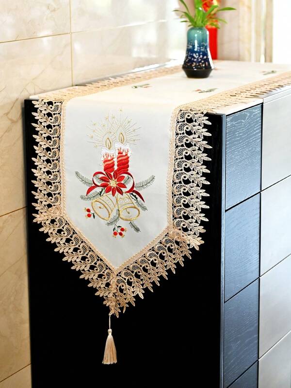 1pc Beige Christmas Table Runner, Pastoral Polyester Satin Fabric, Embroidered Snowman Christmas Tree Lace Hollow Edge Table Runner, Suitable For Living Room, Bedroom, Dining Table, TV Cabinet, Sideboard, Chest Of Drawers